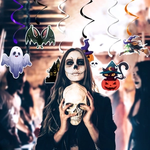 Detailed Halloween ceiling decor set with colorful PVC swirls and spooky paper cutouts