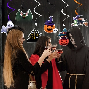 Halloween spiral hanging decorations featuring ghost, bat, and pumpkin party swirls