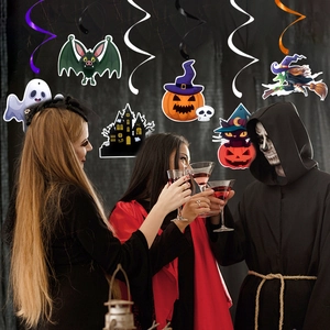 Halloween spiral ceiling decorations featuring ghosts bats and castles for party atmosphere