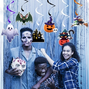 Halloween hanging swirl decorations featuring bats, ghosts and pumpkin party ornaments