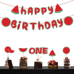 Summer Watermelon Theme Birthday Party Decoration Set Printed Happy Birthday Banner And One Cake Toppers For Kids Party Supplies
