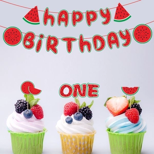 Watermelon fruit theme birthday party decoration set with happy birthday banner and one cake toppers
