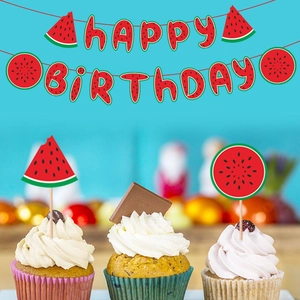 Watermelon theme happy birthday banner and cupcake toppers for fruit party decoration