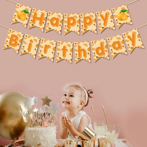 Citrus themed Happy Birthday banner with orange patterns for kids party decoration