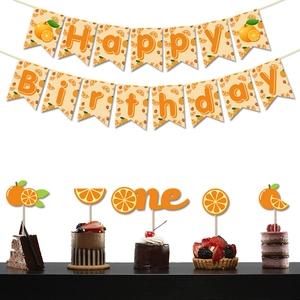 Orange Fruit Theme Happy Birthday Banner And Cake Toppers Little Cutie Glitter Paper Party Decorations