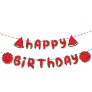 Watermelon themed happy birthday banner with red and green fruit slice party decorations