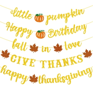 Autumn Thanksgiving Party Banner Glitter Paper Pumpkin Maple Leaf Garland Birthday Celebration Hanging Decor
