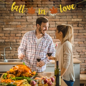 Glittery fall in love banner with maple leaves for Thanksgiving party wall decoration