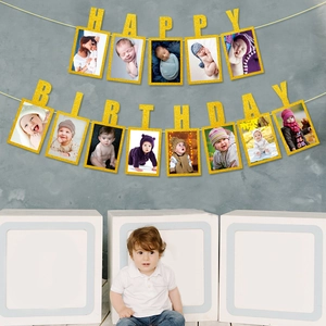 Golden glitter happy birthday photo banner for baby party decoration with clips