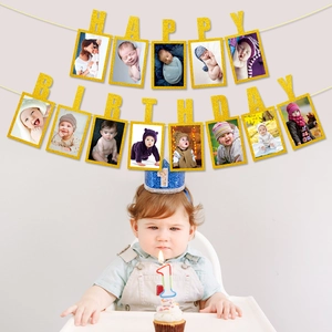 Glitter gold Happy Birthday photo banner with baby blue party hat and cupcake topper kit