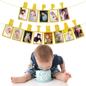 Baby First Birthday Photo Banner Glitter Paper Happy Birthday Garland Photo Frames Growth Record Party Decoration