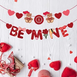 Romantic Be Mine Valentines banner with red heart and bear cards on white wood backdrop