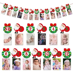Banner Foto Bambino Natale Ghirlanda Crescita Pietre Miliari Carta Babbo Natale Corona Decorazione Compleanno Simpatico Neonato