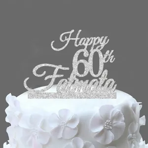 Custom silver glitter 60th birthday cake topper with Happy 60th Fatmata text design