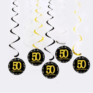 Decorazioni a spirale sospese nere e oro per la festa del 50° compleanno e anniversario