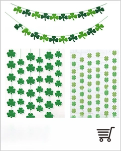 Dettaglio delle ghirlande di trifoglio per San Patrizio e decorazioni verdi appese