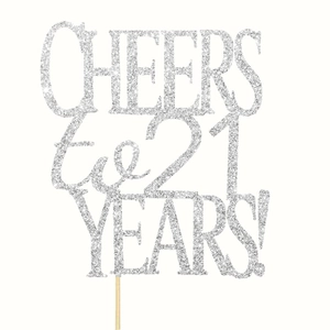 Detailed silver glitter Cheers to 21 Years cake topper with sparkles and wood stick