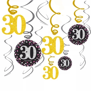 Set of 12 gold and silver 30th birthday hanging swirl decorations with glitter number 30
