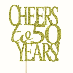 Glittery gold 'CHEERS to 50 YEARS!' cake topper for 50th anniversary or birthday party
