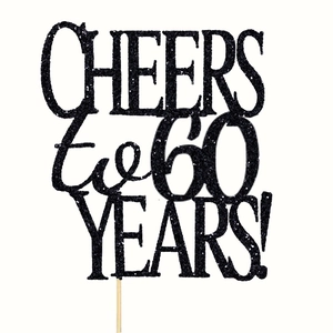 Black glitter Cheers to 60 Years cake topper for 60th birthday or anniversary celebrations