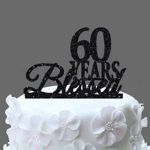 60 YEARS Blessed black glitter cake topper for 60th wedding anniversary party decoration