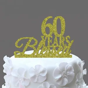 Glittery gold 60 YEARS Blessed cake topper for wedding anniversaries or birthdays
