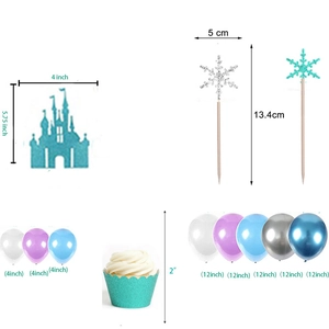 Frozen theme party decoration set with glitter castle cake topper and snowflake balloons