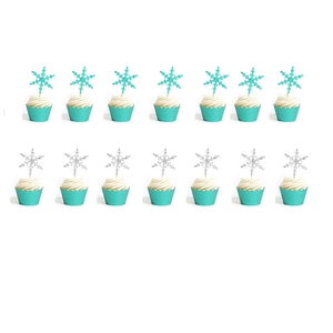 Frozen-themed blue and silver snowflake cupcake toppers with scalloped wrappers set