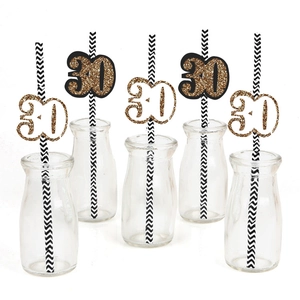Decorazione cannuccia 30 compleanno con numeri glitter oro su cannucce di carta a zig-zag