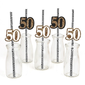 Cannucce per 50° compleanno con glitter oro e motivo a strisce bianche e nere