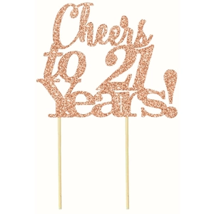 Rose gold glitter cake topper with Cheers to 21 Years text for birthdays and anniversaries