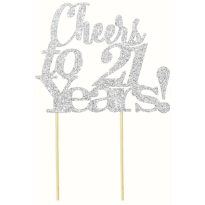 Silver glitter 'Cheers to 21 Years' cake topper with wooden sticks for 21st birthday parties
