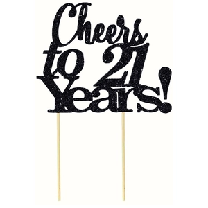 Black glittery Cheers to 21 Years cake topper with wooden sticks for birthday party