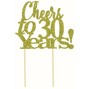 Glittery gold Cheers to 30 Years cake topper with sparkles and wooden sticks