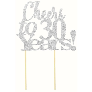 Silver glitter Cheers to 30 Years cake topper with wooden sticks for anniversaries