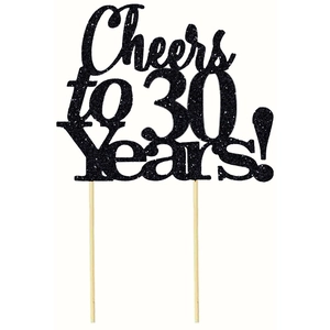 Detail of black glitter Cheers to 30 Years cake topper with sparkling finish and wooden sticks