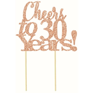 Detail of rose gold glitter 'Cheers to 30 years' cake topper for anniversaries