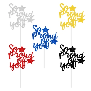 Glittery So proud of you cake toppers set with stars in five assorted metallic colors