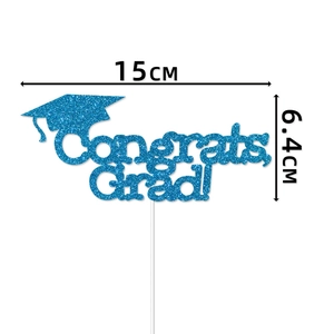 Blue glitter Congrats Grad cake topper for graduation party with dimension markings