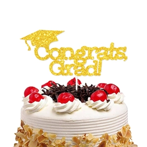 Gold glitter graduation cake topper with Congrats Grad lettering and cap design
