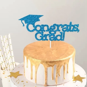 Blue glitter Congrats Grad cake topper with graduation cap silhouette for university parties