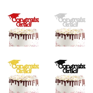 Glitter Graduation Cake Toppers with Congrats Grad text in red, gold, silver, and black