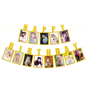 Glittery gold 1st birthday photo banner with frames for monthly baby milestone pictures