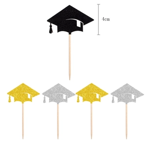 Glitter graduation cap cupcake toppers in black gold and silver for party decor 4cm