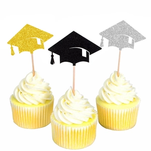 Gold silver and black glitter graduation cap cake toppers with tassels for party decor
