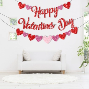 Red glitter Happy Valentines Day banner with multi-color heart garlands for wall decor
