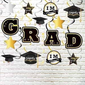 Black and gold graduation party spiral streamers set with GRAD letters and graduation caps