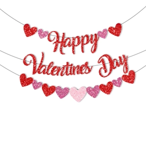 Glittering Happy Valentine's Day banner with red and pink hearts for party decoration