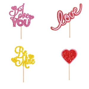 Glitter Valentine's Day cupcake toppers with I Love You, Be Mine, and heart designs