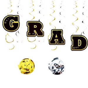Graduation party decoration set with gold and silver swirls and GRAD letter pendants